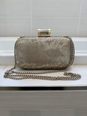 Halston Heritage Champaign/Light Gold Hard Case Clutch Removable Shoulder Chain